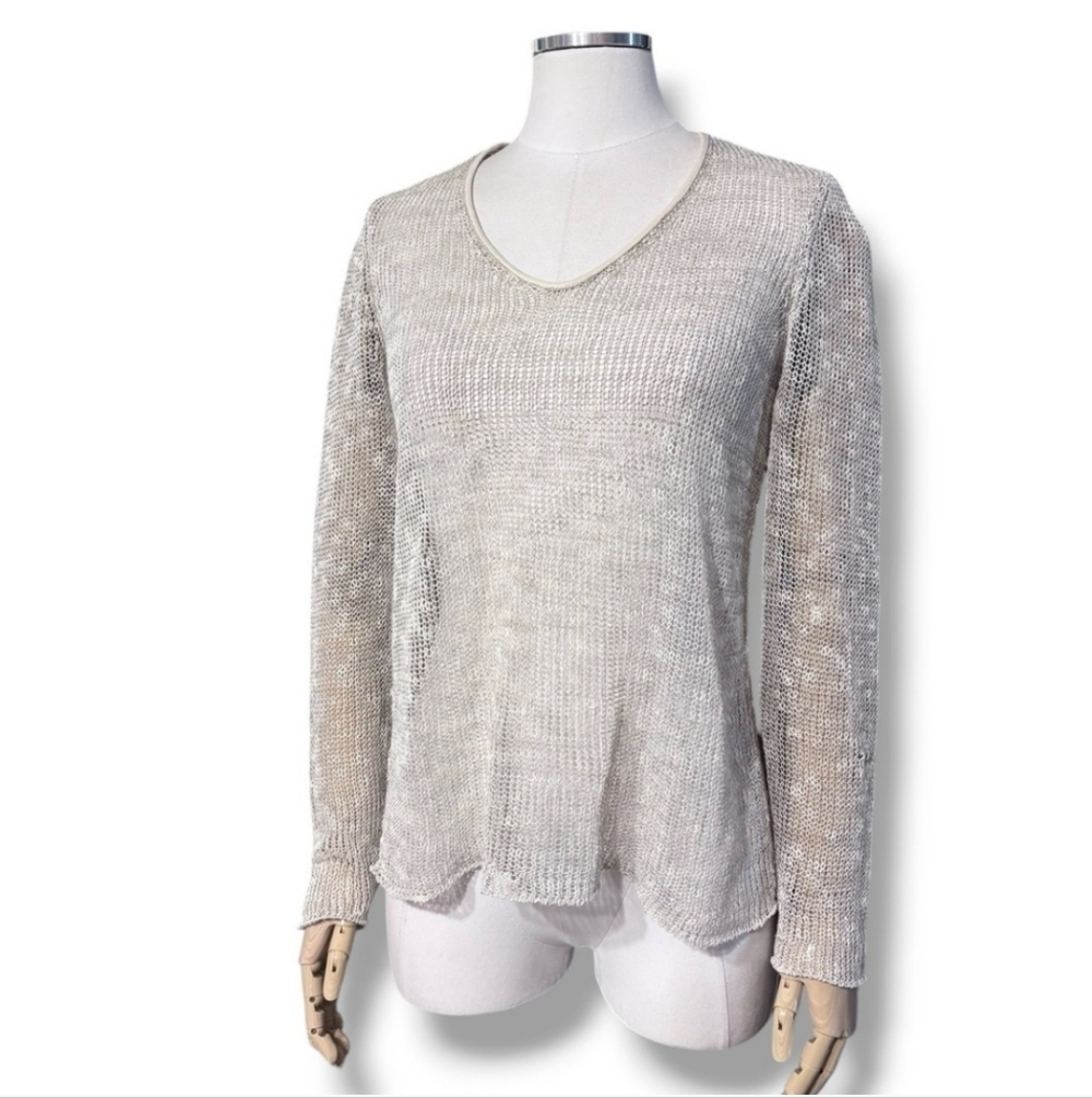 EILEEN FISHER Grey Linen Blend Loose Knit V Neck Pullover Leather Trim Collar